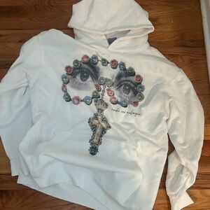 White JESUS PIECE Hoodie with Eye and Rosary Design